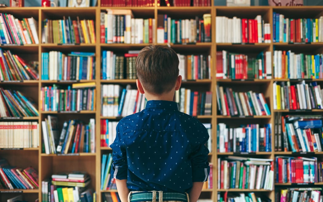 Back view, little pupil in library. Boy looking at multi colored bookshelf in library. Education, Knowledge.