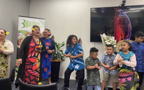 Children and teachers from Niue bilingual unit at Favona School, Auckland, perform at the launch of the app Fakaako e Vagahau Niue.