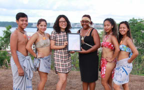 British Council Encounter Programme Award Ceremony for Rhian Gatu (in black) at the Chamorro Culture Centre in Guam with wonderful Chamorro children.