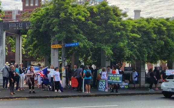 About 150 anti-vax protesters were gathered outside the High Court in Auckland as the trial commenced.
