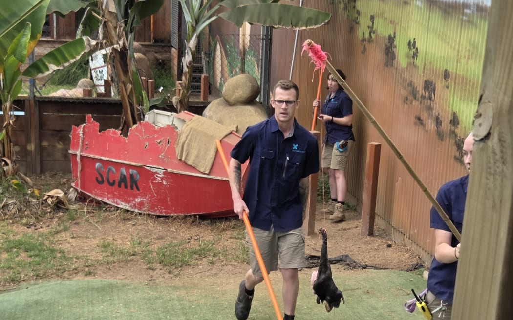 Connor and Rebecca prepare to feed Scar