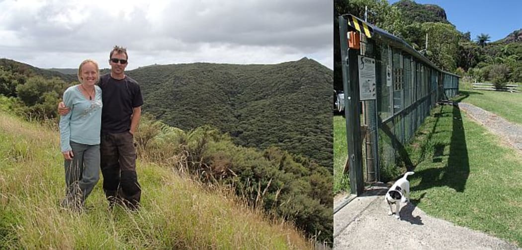 Emma Cronin and Scott Sambell with Glenfern sanctuary in the background (left), which is on a peninsula protected by a pest-free fence and a rodent dog called Millie (right).
