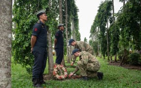 Members from NZDF, ADF and various other organisations pay tribute to fallen soldiers of world war 2 at the commemoration of the Moa sinking. The memorial took place in Honiara, Soloman Islands during Op Moa 2024