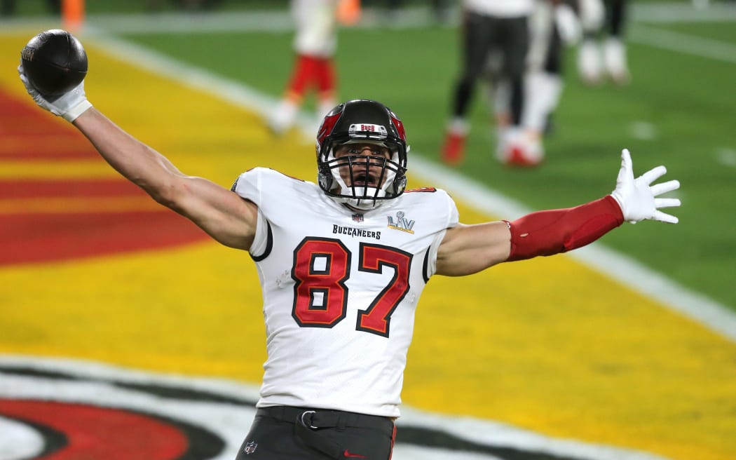 TAMPA, FL - FEBRUARY 07: Tampa Bay Buccaneers Tight End Rob Gronkowski (87) celebrates after scoring a touchdown in Super Bowl LV between the Kansas City Chiefs and the Tampa Bay Buccaneers on February 07, 2021.