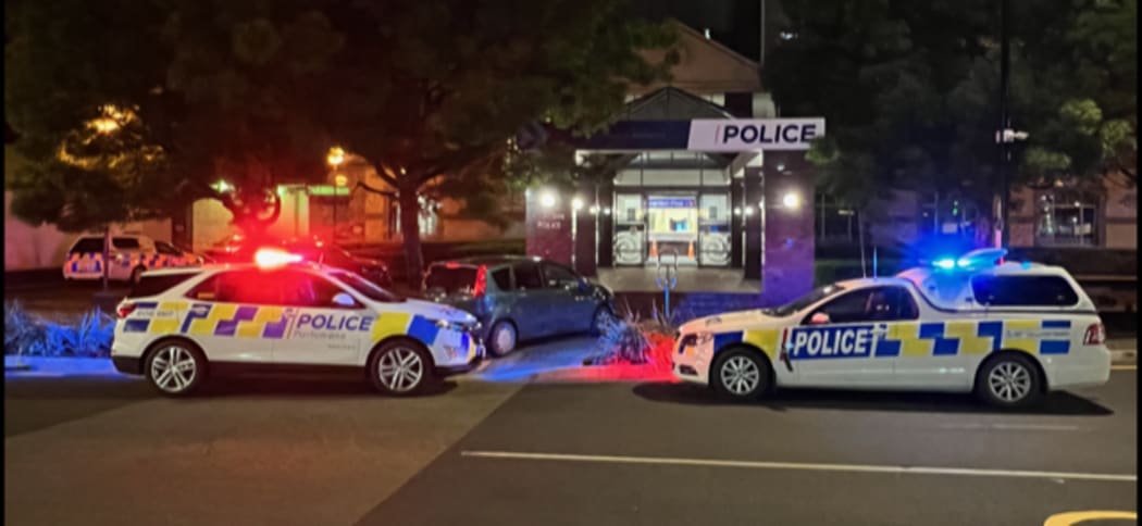 The motorist drove onto the footpath at the entrance to the police station.