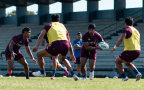Manu Samoa training at Te'ufaiva Stadium in Nuku'alofa on Tuesday. 18 August 2025