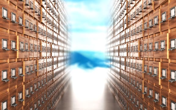 Room with archives. The archive corridor with cupboards leading to the light. 3D illustration