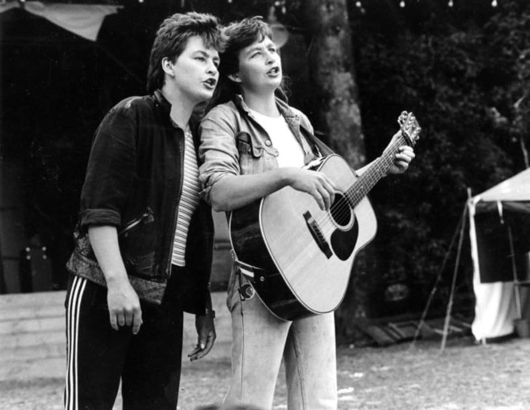 The Topp Twins in the early 1980s.