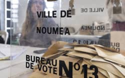 A ballot box is seen at the Salle Omnisports during provincial elections, in Noumea, New Caledonia, on June 28, 2026. (Photo by Delphine MAYEUR / AFP)
