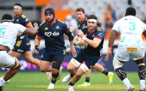 Hugh Renton in action during the Highlanders v Fijian Drua Super Rugby match at Forsyth Barr Stadium.