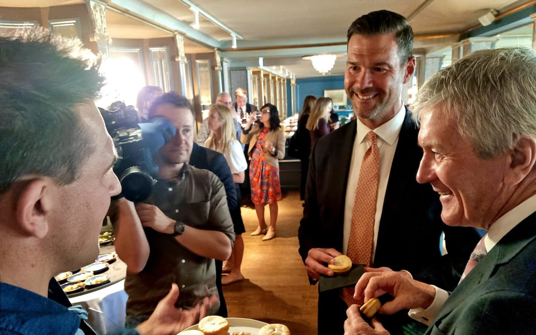 Sweden's trade minister Johan Forssell, second right, and New Zealand trade minister Damien O'Connor, in Stockholm. 10 July 2023.
