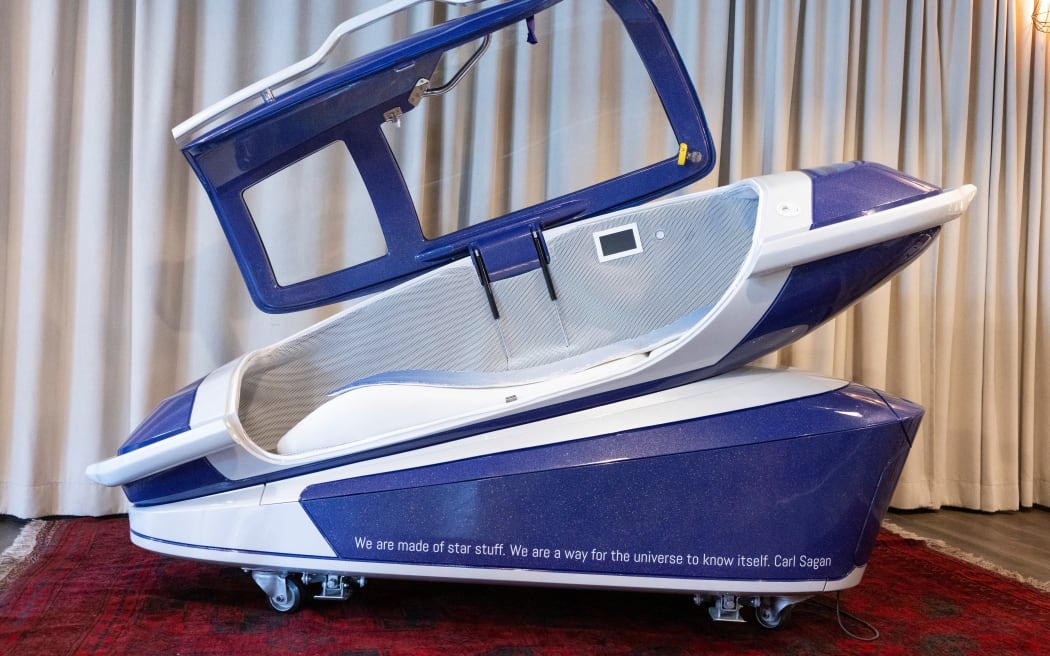 (FILES) This photograph shows a view of the Sarco assisted suicide capsule, during a press conference organised by the "Last Resort", a Swiss human rights non-profit association focused on assisted suicide, in Zurich on July 17, 2024. Swiss police announced on September 24, 2024 that several people had been taken into custody after the Sarco suicide pod was used the day before in the northern Schaffhausen canton. (Photo by ARND WIEGMANN / AFP)
