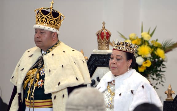 Newly crowned King Tupou VI (left) and Queen Nanasipau'u (right) stand before the delegation at the Centenary Church in Nuku'alofa.