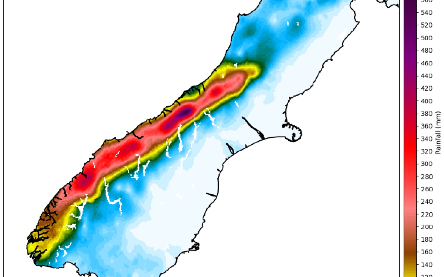 A MetService graphic showing the radar rainfall accumulation for the hours the Red Warning was issued for South Westland. This shows where the radar detected rainfall across the region during the warning period.