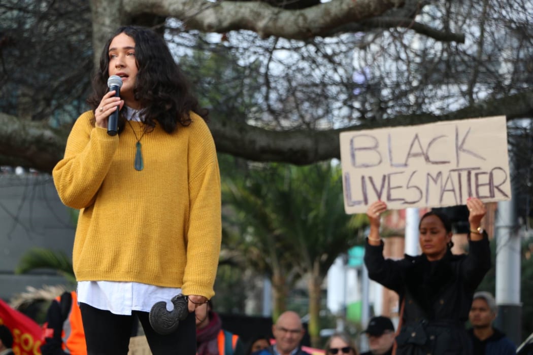 Emilie Rākete from People Against Prisons Aotearoa and the Arms Down movement speaks at the Black Lives Matter protest at Aotea Square in Auckland, on 14 June, 2020.