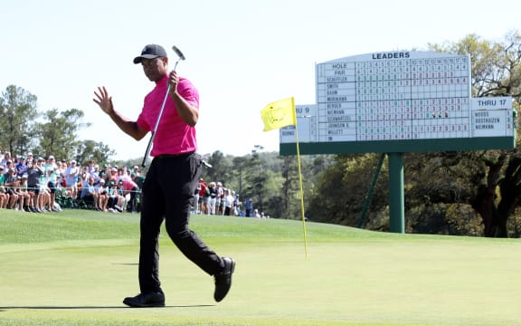 Tiger Woods completes his first round at the 2022 Masters.