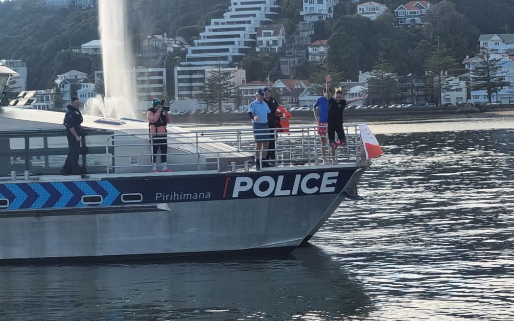 Special Olympics New Zealand chief executive Fran Scholey opened the event, jumping off the Lady Elizabeth police boat.