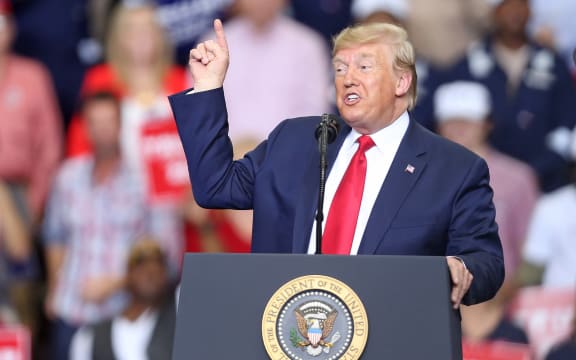 US President Donald Trump speaks during a "Keep America Great" rally at the Monroe Civic Center in Monroe, Louisiana.