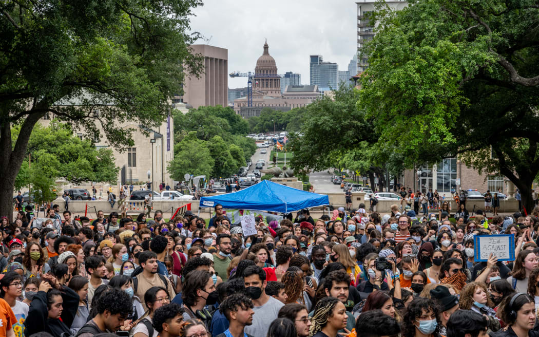 AUSTIN, TEXAS - APRIL 24: Students rally together during a pro-Palestine protest at the The University of Texas at Austin on April 24, 2024 in Austin, Texas. Students walked out of class and gathered in protest during a pro-Palestine demonstation. Protests continue to sweep college campuses around the country.   Brandon Bell/Getty Images/AFP (Photo by Brandon Bell / GETTY IMAGES NORTH AMERICA / Getty Images via AFP)