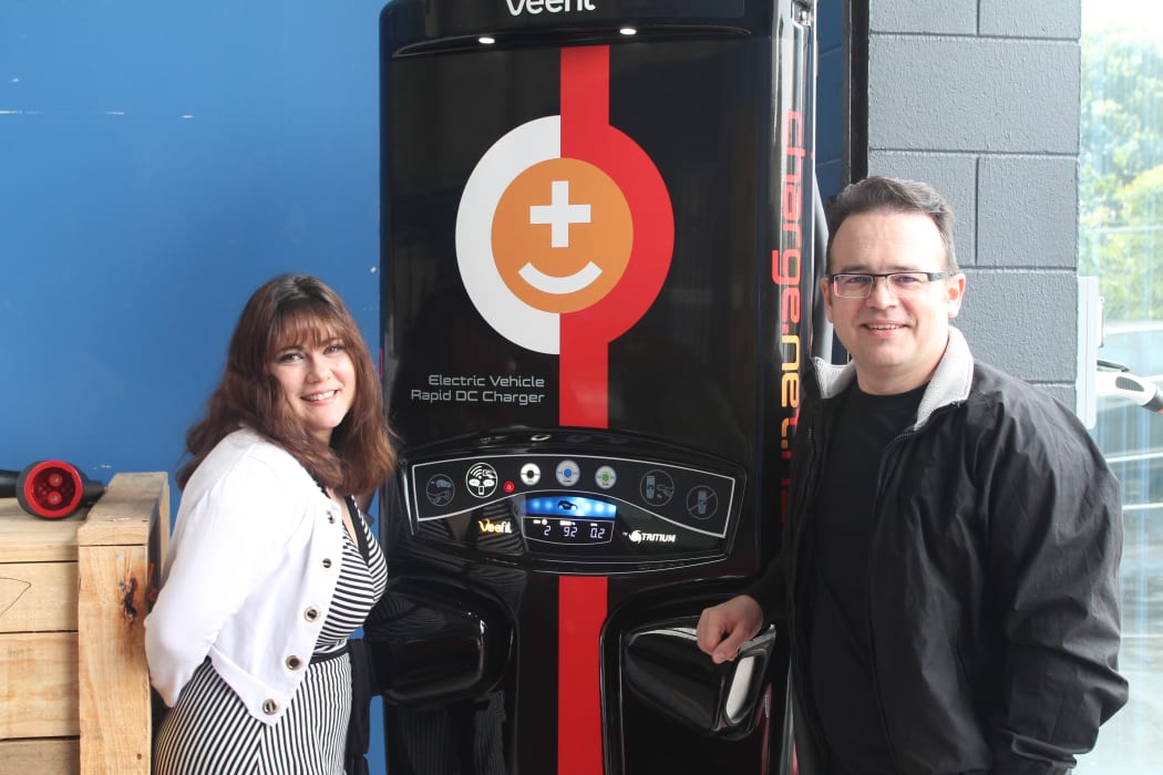 This is an image of Dee and Steve West and their www.charge.net.nz Tritium Veefil  fast charger