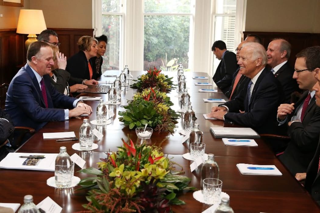 John Key, front left, and Joe Biden, front right at the bilateral meeting at Government House in Auckland.