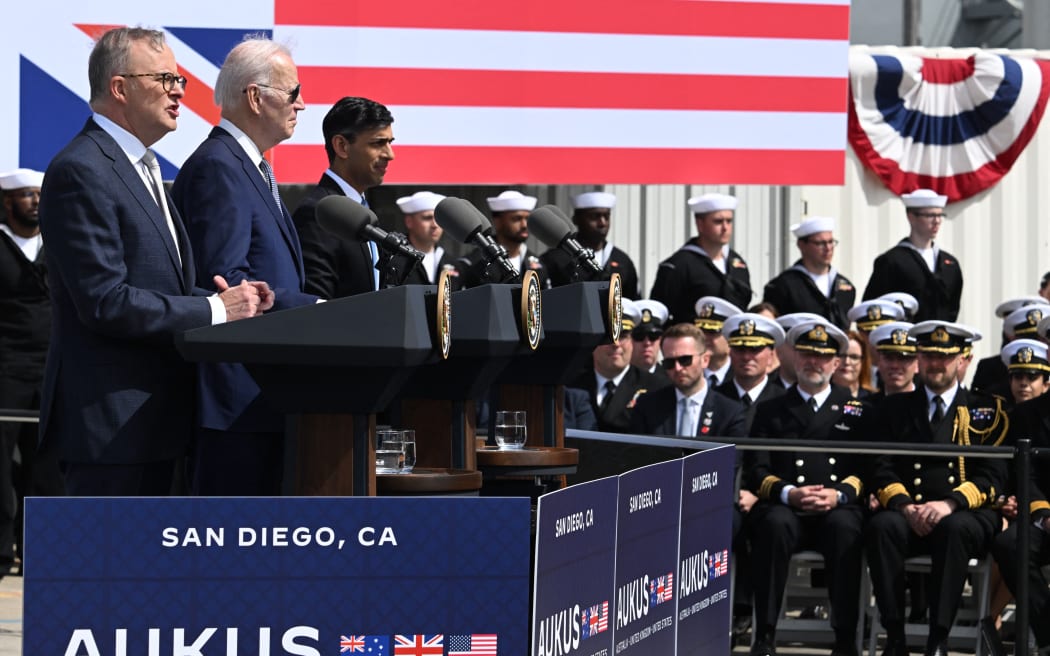 US President Joe Biden (2nd L), British Prime Minister Rishi Sunak (R) and Australian Prime Minister Anthony Albanese (L) hold a press conference during the AUKUS summit on March 13, 2023, at Naval Base Point Loma in San Diego California. AUKUS is a trilateral security pact announced on September 15, 2021, for the Indo-Pacific region. (Photo by Jim WATSON / AFP)