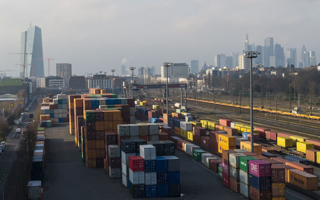 The headquarters of the European Central Bank seen behind the transshipment station for containers on January 19, 2026, in Frankfurt, Germany.