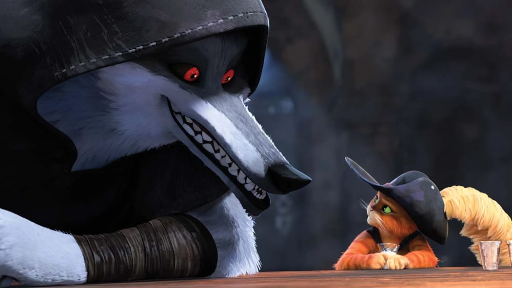 The mysterious bounty hunter Wolf confronts Puss at his local taverna in the film puss in Boots: The Last Wish