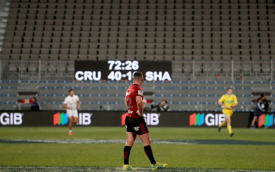 Ryan Crotty of the Crusaders in front of empty stands during the Super Rugby semi final against the Sharks at AMI Stadium.