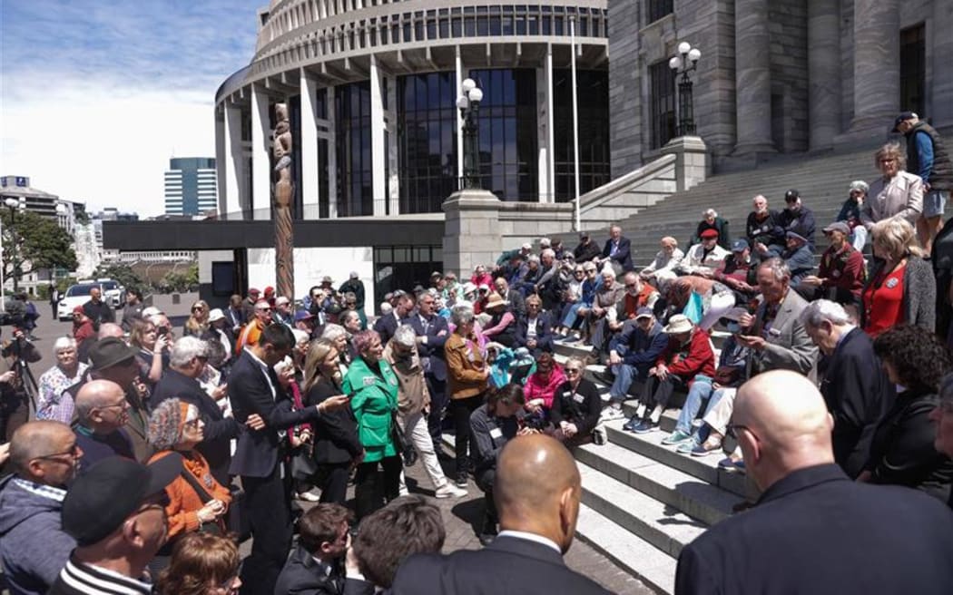 A rally at Parliament organised by the Retirement Village Residents Association (RV Residents).