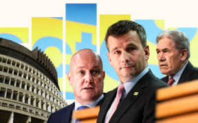 Composite of David Seymour, Christopher Luxon, Winston Peters and the Beehive.