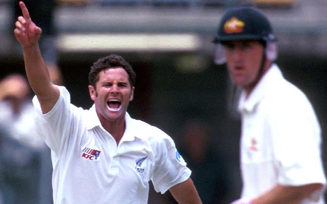 Chris Cairns, always combative on the field, celebrates a wicket during a test against Australia in November 1997.