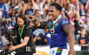 Solomone Kata celebrates his try during the Vodafone Warriors ' win over the Canterbury Bulldogs.
