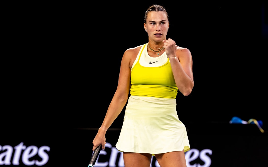 MELBOURNE, VIC - JANUARY 12: Aryna Sabalenka of Belarus celebrates during Round 1 of the 2025 Australian Open on January 12 2025, at Melbourne Park in Melbourne, Australia. (Photo by Jason Heidrich/Icon Sportswire)