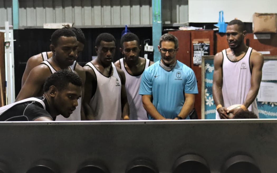Fiji 7s coach Ben Gollings in the gym with some of the national squad.