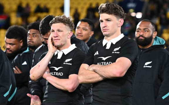 Damian McKenzie and Beauden Barrett of New Zealand, The Rugby Championship, New Zealand v South Africa, Sky Stadium, Wellington. Saturday 13 September, 2025
© Mandatory credit: Kerry Marshall / www.photosport.nz