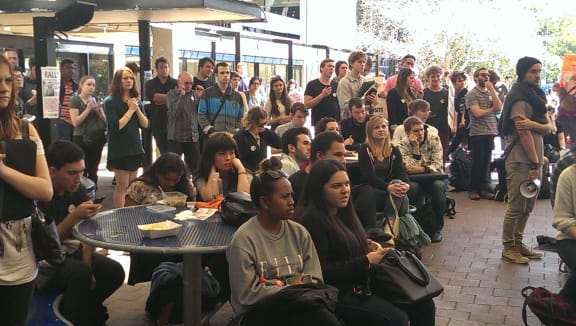 Students listen to speakers at an Auckland University protest.