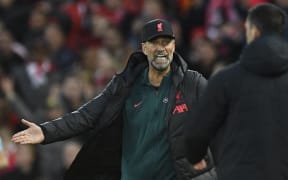 Liverpool's German manager Jurgen Klopp reacts on the touchline and is subsequently sent off during the English Premier League football match between Liverpool and Manchester City at Anfield, 2022.