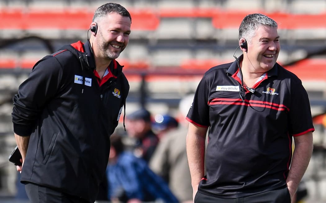 Reuben Thorne and Mark Brown Coaches of Canterbury during the Canterbury V North Otago Ranfurly Shield rugby match at Rugby Park, Christchurch, New Zealand, 28th August 2020. Copyright photo: John Davidson / www.photosport.nz