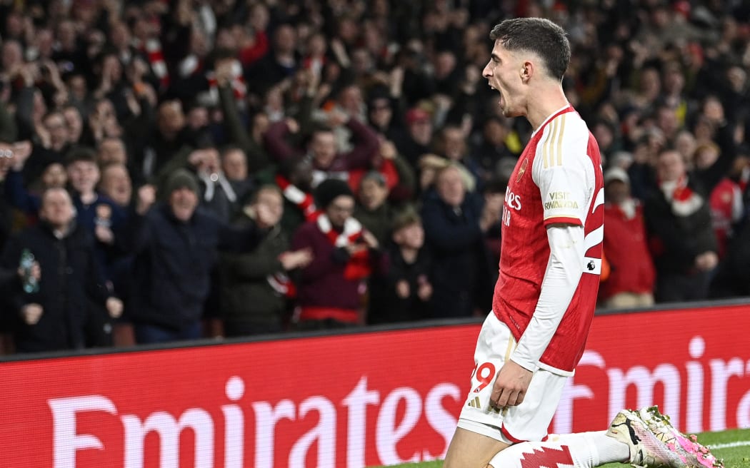 Arsenal's German midfielder #29 Kai Havertz celebrates scoring the team's second goal during the English Premier League football match between Arsenal and Brentford at the Emirates Stadium in London on March 9, 2024. (Photo by JUSTIN TALLIS / AFP) / RESTRICTED TO EDITORIAL USE. No use with unauthorized audio, video, data, fixture lists, club/league logos or 'live' services. Online in-match use limited to 120 images. An additional 40 images may be used in extra time. No video emulation. Social media in-match use limited to 120 images. An additional 40 images may be used in extra time. No use in betting publications, games or single club/league/player publications. /