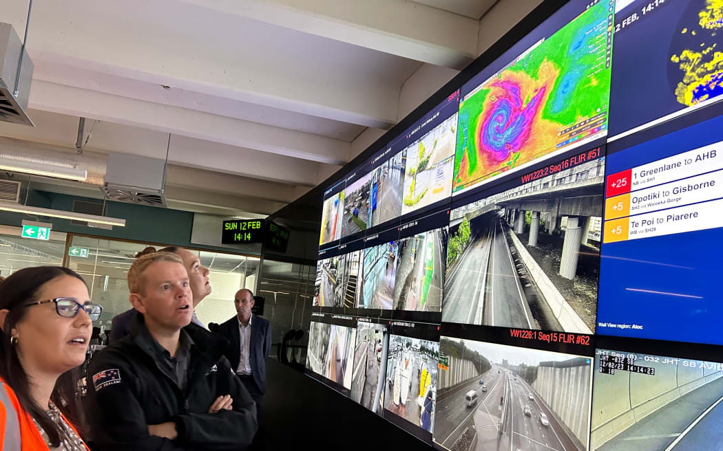 Prime Minister Chris Hipkins visits Auckland Transport's operation centre in Takapuna, North Shore as Cyclone Gabrielle makes landfall.