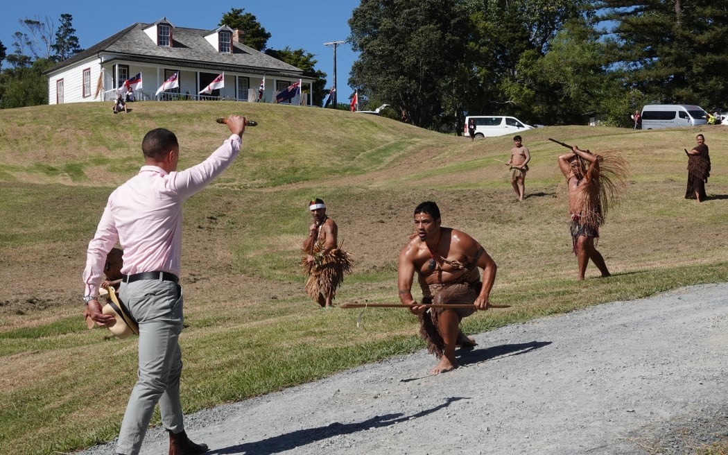 Far North District councillor Tāmati Rākena accepts the challenge laid down by kaiwero Anton Fa’atau.