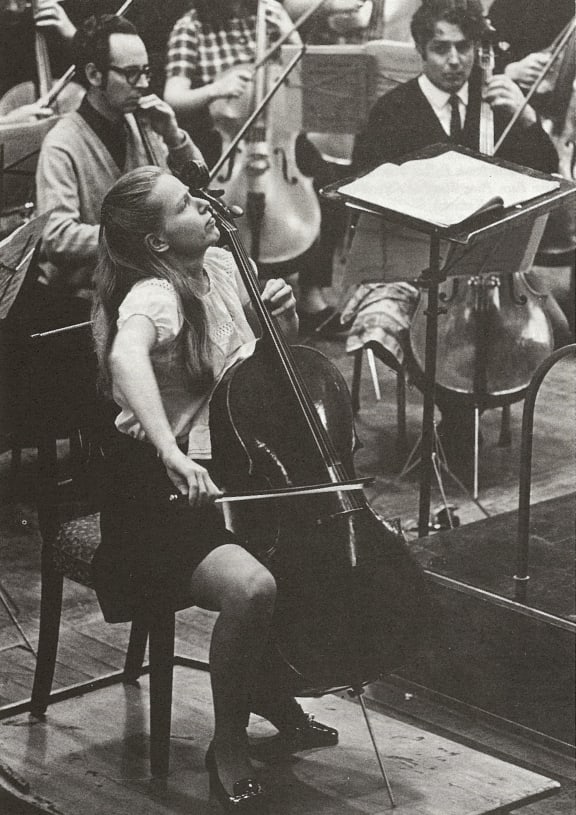 Jacqueline du Pre playing the cello in rehearsal with the NZBC in September 1970.