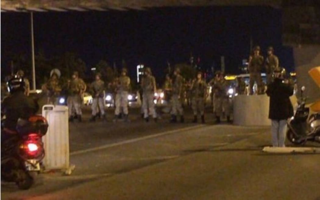 Turkish soldiers block both bridges on the Bosphorous in Instanbul.