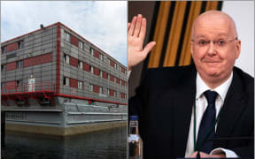 Left: Bibby Stockholm barge that will house 500 migrants. Right, file photo of former SNP chief executive Peter Murrell giving evidence at a Scottish Parliamentary inquiry in 2022.