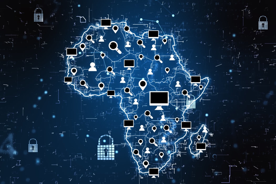 Cyberspace communication concept with digital Africa map, glowing social media icons, computer signs and locks at dark background. 3D rendering