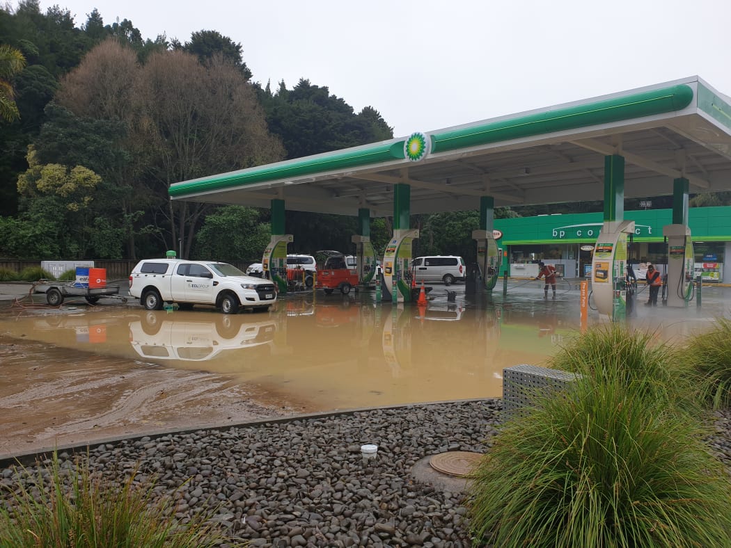 Flooding at a BP in Whangarei.