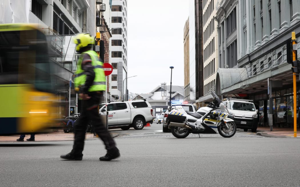 Closed road on the corner of Lampton Quay and Brandon Street, nearby the Israeli Embassy