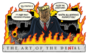 Toby Today: Donald Trump is pictured surrounded by flames, with a caption "The Art of the De(ni)al".