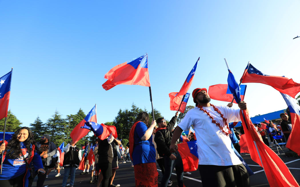 Toa Samoa supporters in Auckland, 20 November 2022. Toa Samoa were defeated by Australia 30-10 in the  Rugby League World Cup final in Manchester.